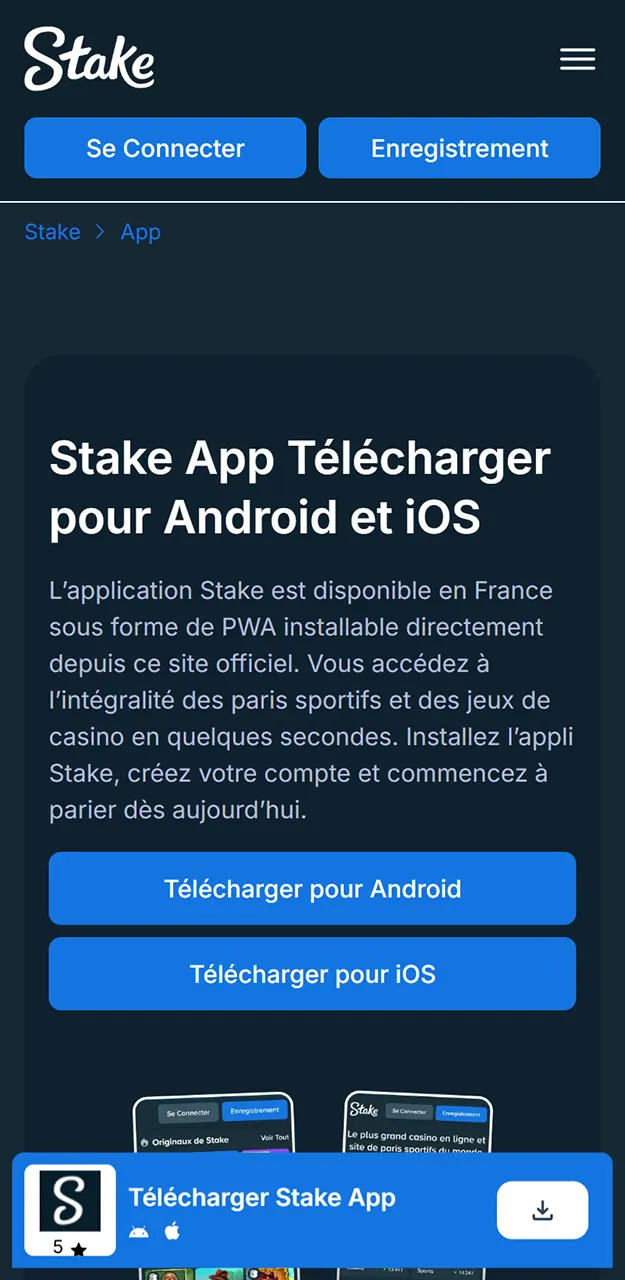 Téléchargez l'application rapide Stake sur Android.