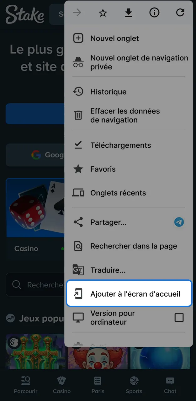 Créez un raccourci direct sur votre bureau mobile pour Stake.