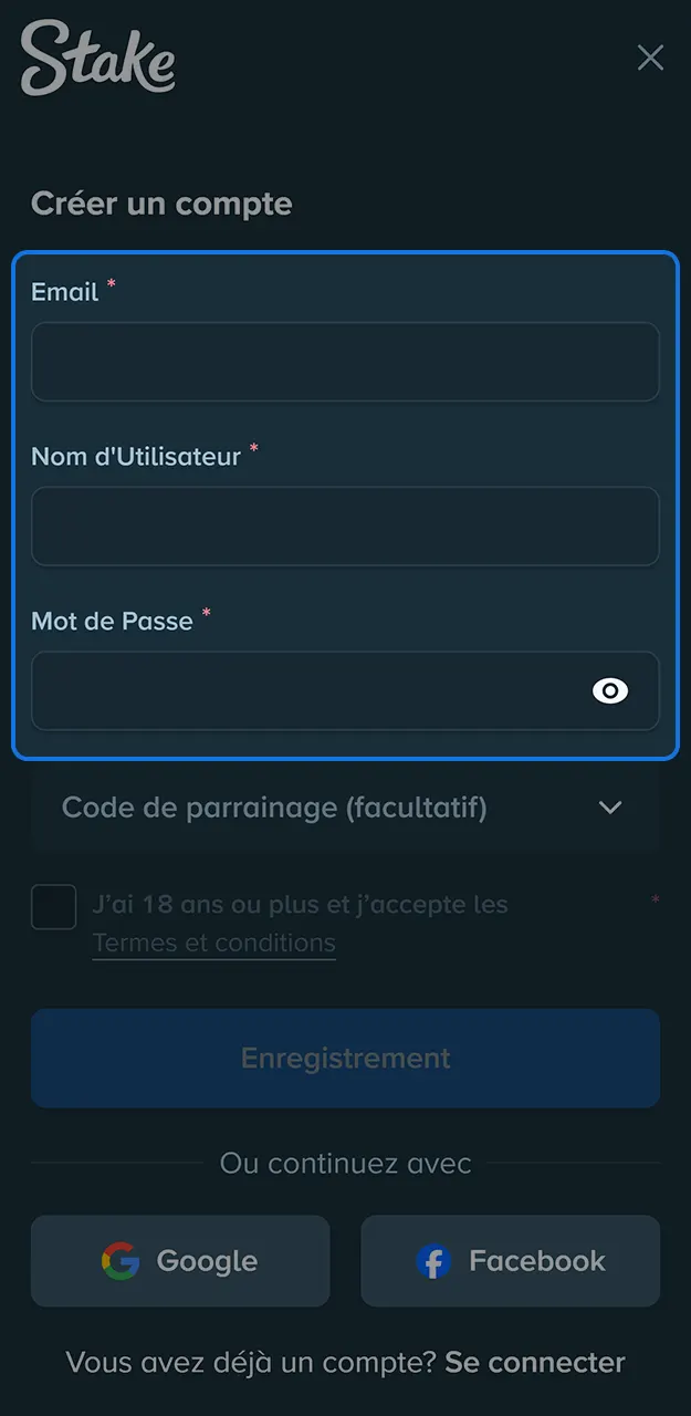 Créez un nouveau compte dans l'application Stake.