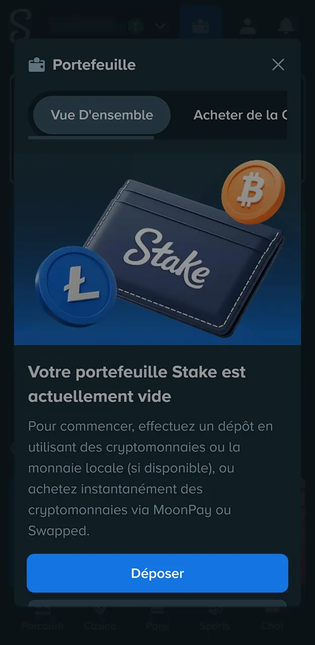 Déposez des fonds sur votre solde pour activer les promotions de Stake en France.