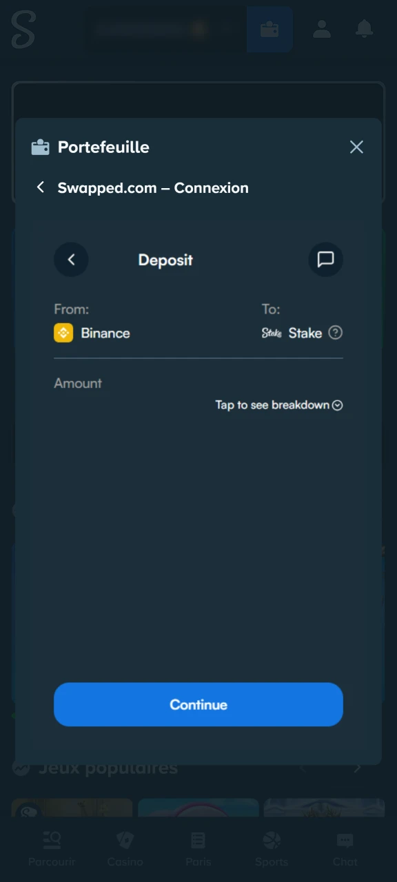 Finalisez la transaction de dépôt sur le site web de Stake.