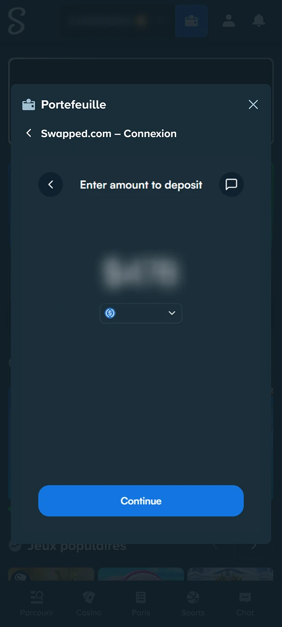 Saisissez le montant du dépôt sur Stake pour continuer.