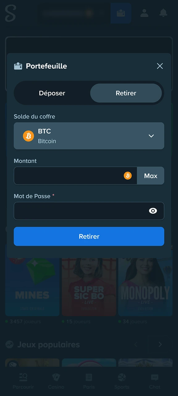 Ouvrez la page de retrait de votre compte Stake.