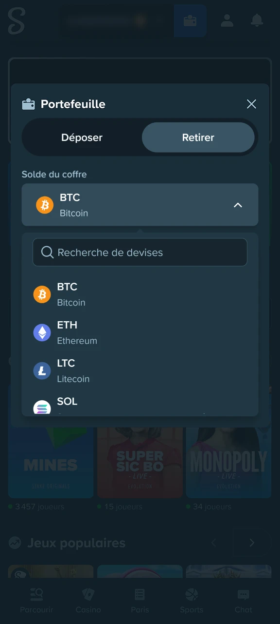 Choisissez une méthode de retrait sur la page de retrait de Stake.
