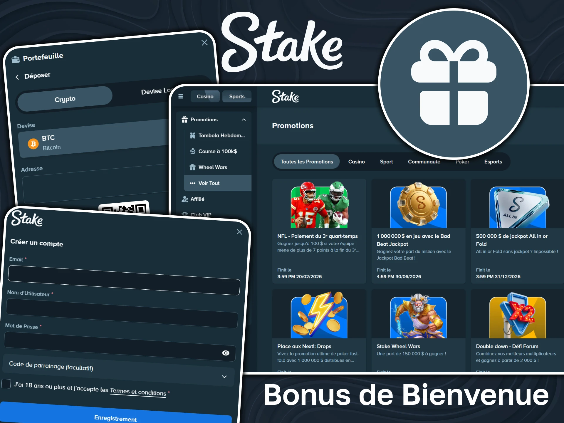 Inscrivez-vous, effectuez un dépôt et recevez un bonus de bienvenue de la part de Stake.