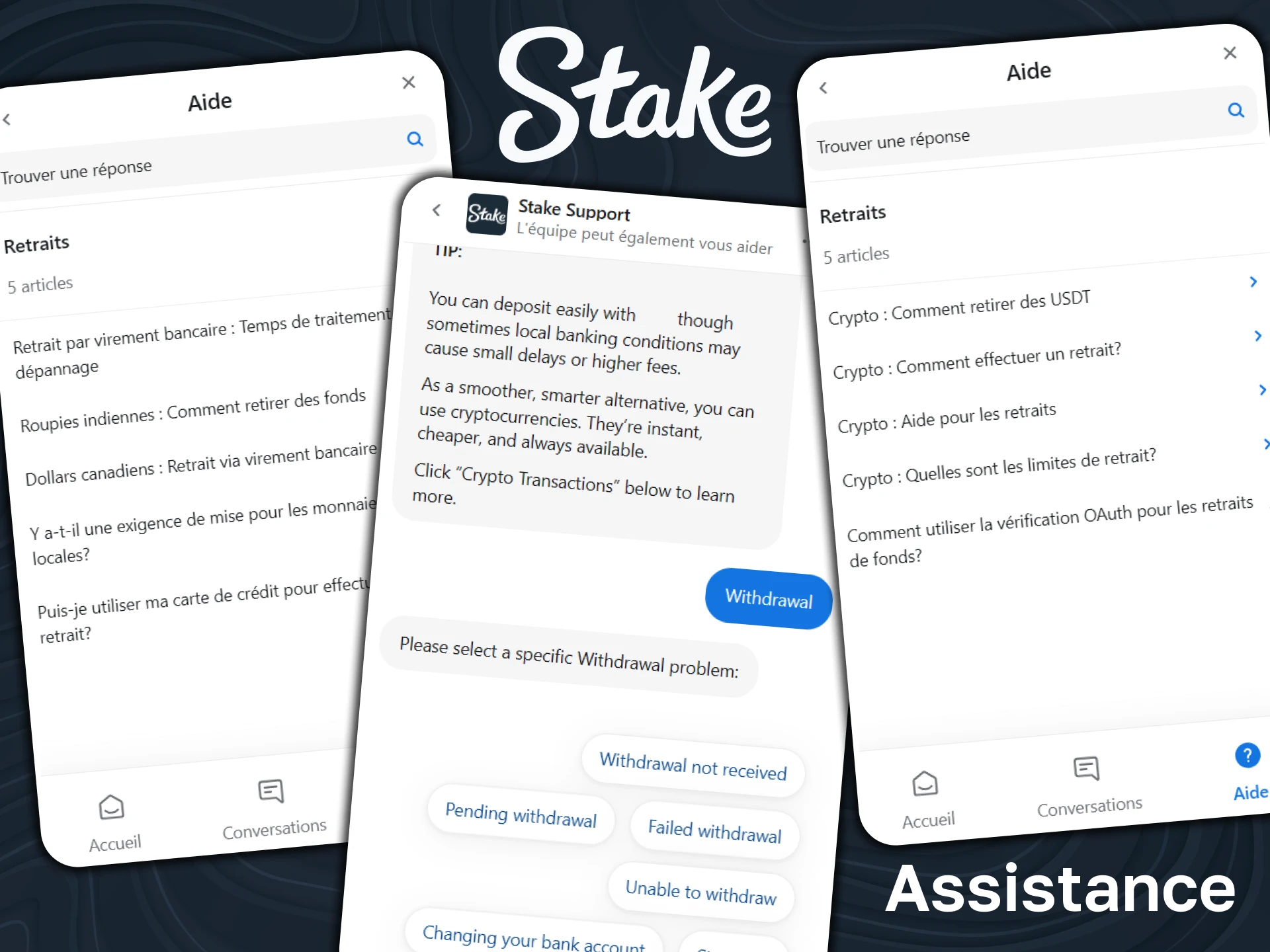 Obtenez de l'aide pour vos retraits auprès du support de Stake.